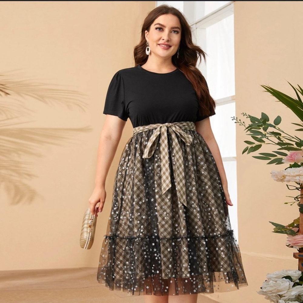 SHEIN plus self belted star mesh overlay plaid dress